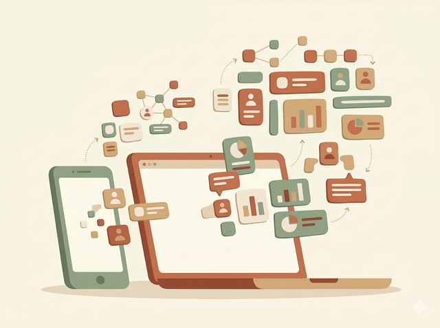 Phone and laptop with UI components floating outward