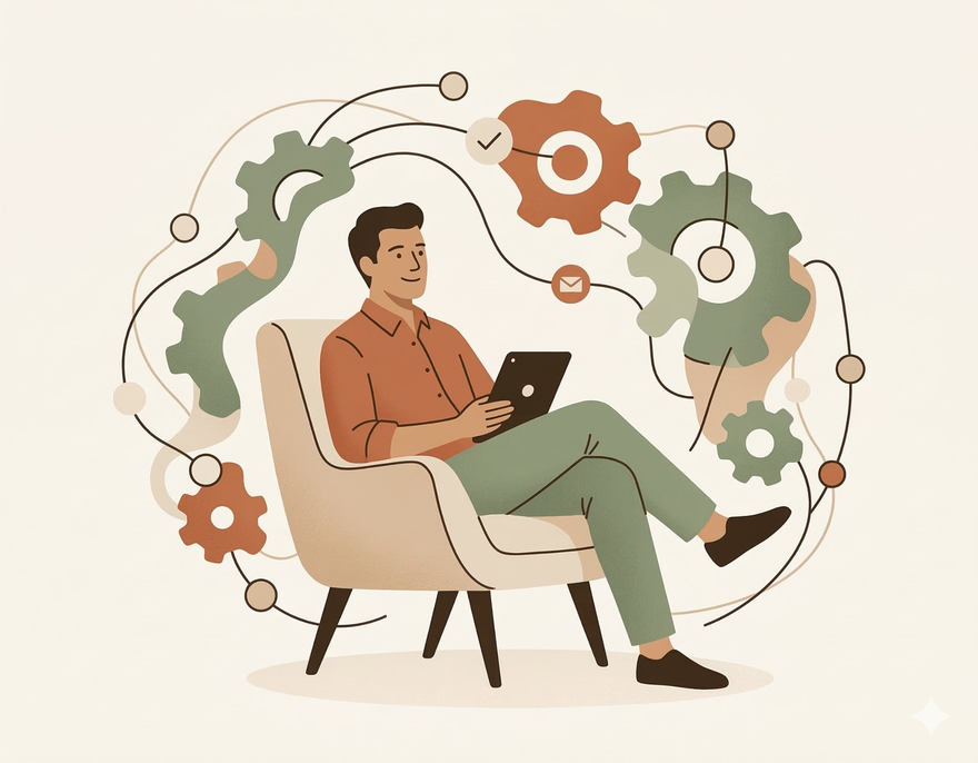 Person relaxing while automation gears work in the background